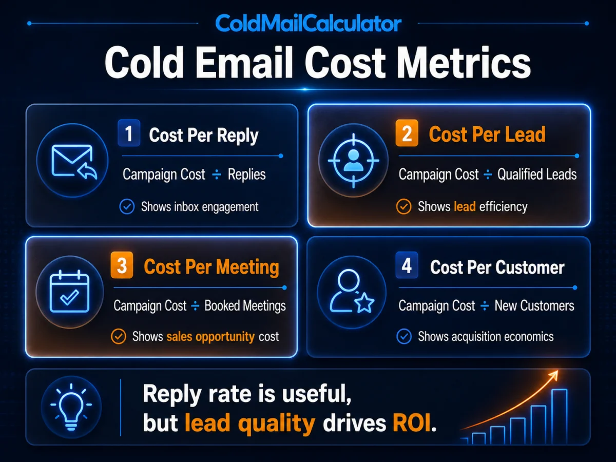 Comparison of cold email cost per reply, cost per lead, cost per meeting, and cost per customer