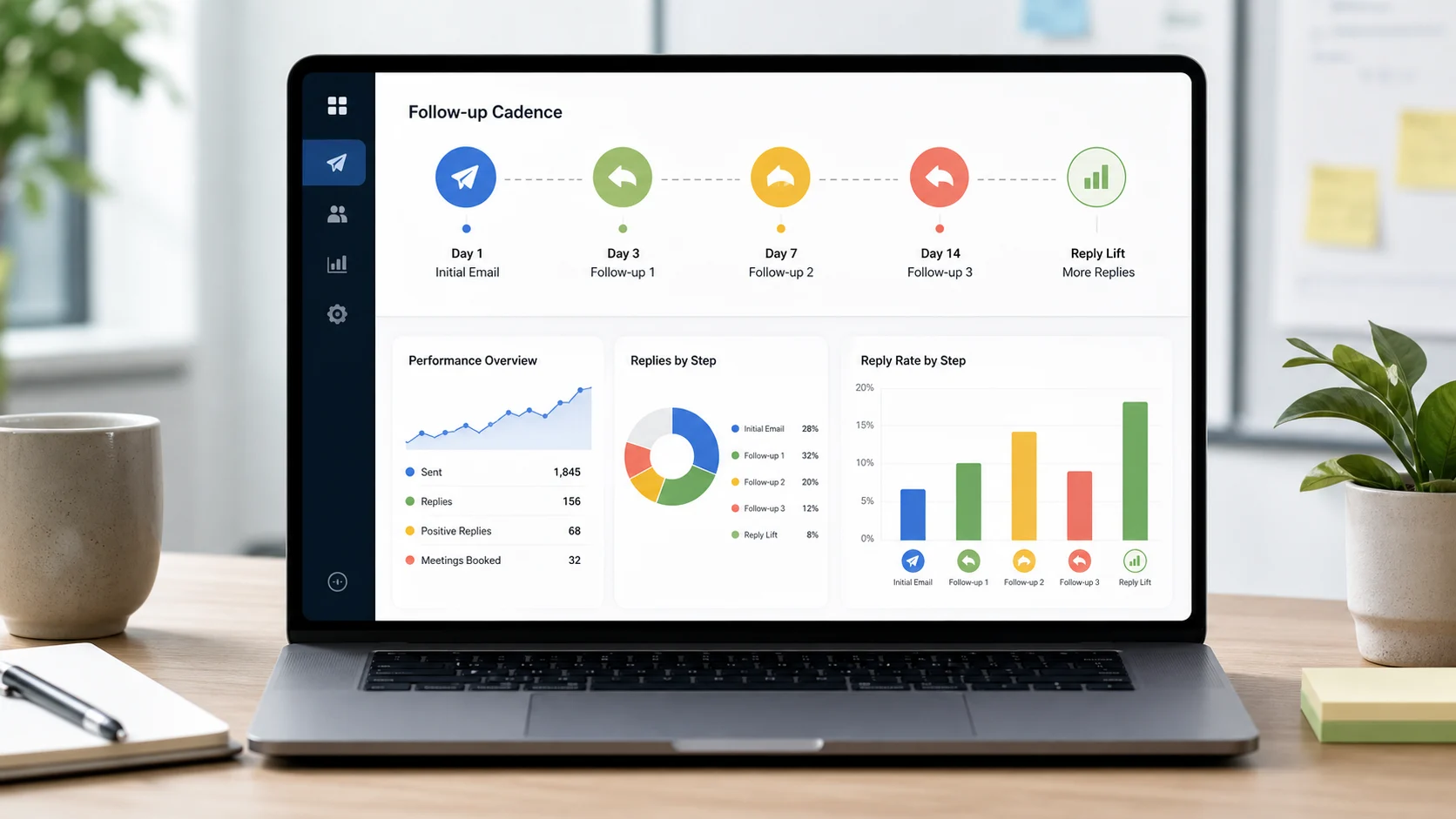 Cold email follow-up timing dashboard with campaign cadence, reply indicators, and calendar steps
