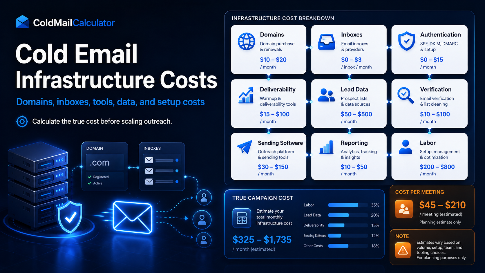 Cold email infrastructure cost overview showing domains inboxes and tools