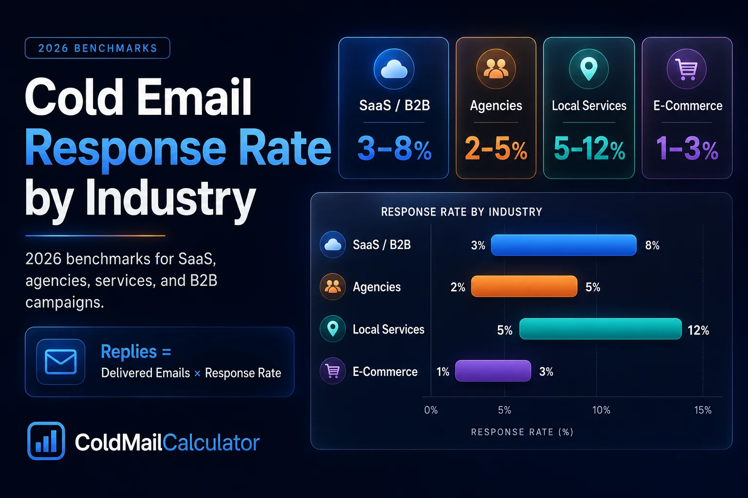 Cold email response rate by industry — 2026 benchmark chart showing SaaS, Agencies, Local Services, and E-Commerce reply rates