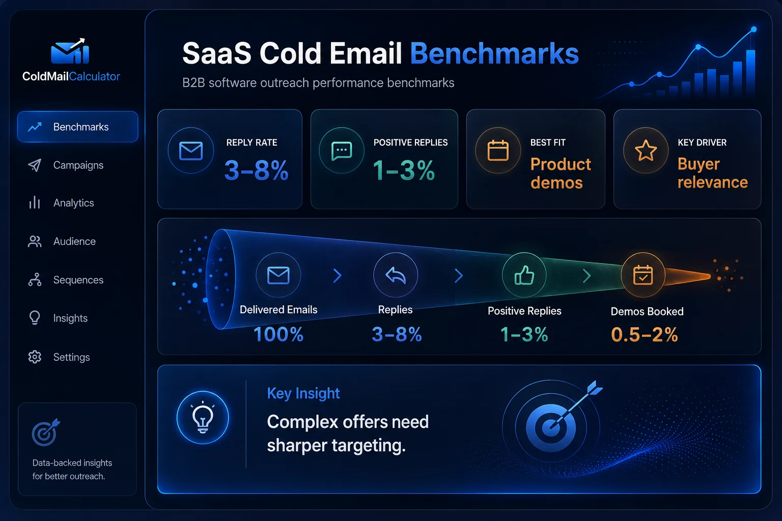 SaaS cold email benchmarks — 3–8% reply rate, 1–3% positive replies, best for product demos