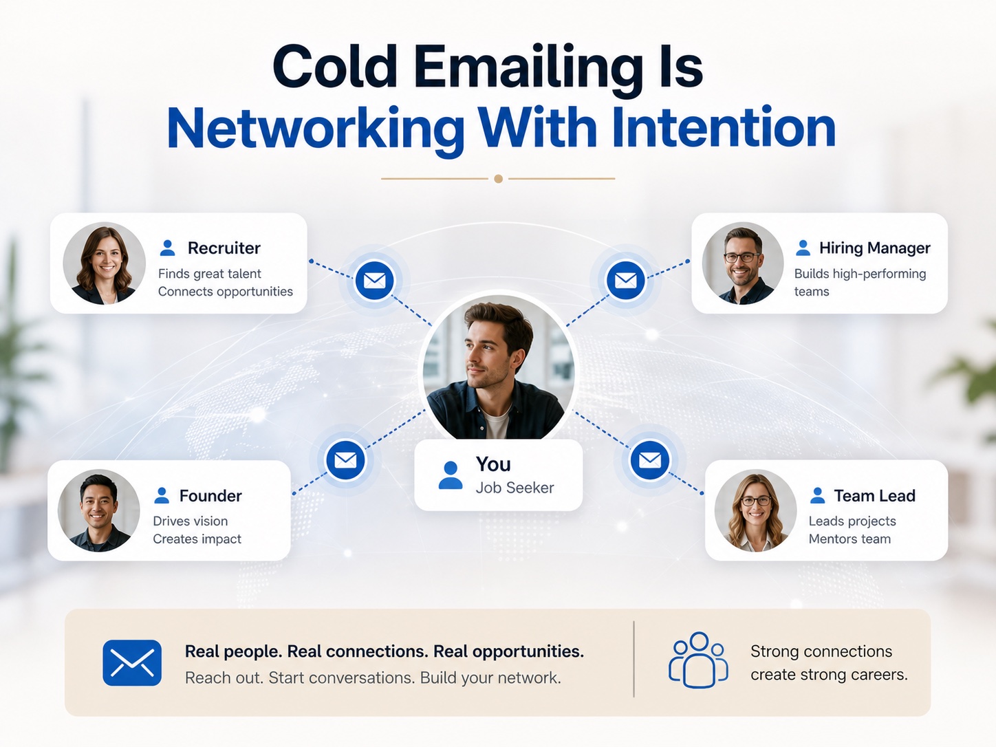 Cold emailing shown as intentional networking between a job seeker, recruiter, hiring manager, founder, and team lead