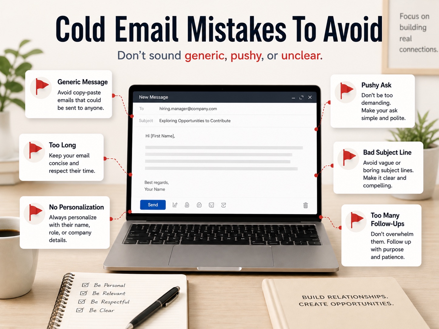 Cold email mistakes to avoid for job seekers including generic messages, long emails, weak subject lines, and too many follow-ups
