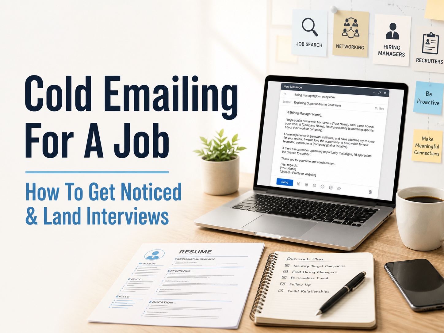 Cold emailing for a job shown as a desk setup with resume, outreach plan, hiring managers, recruiters, and networking notes