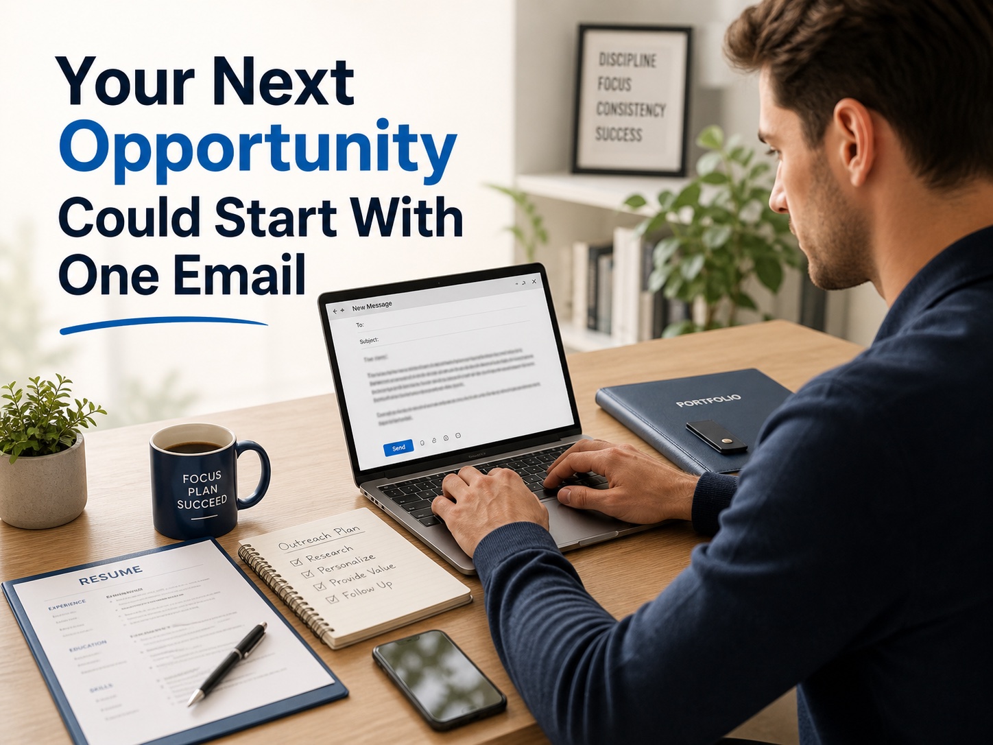 Job seeker writing a cold email beside a resume and outreach checklist with the message that one email can start an opportunity