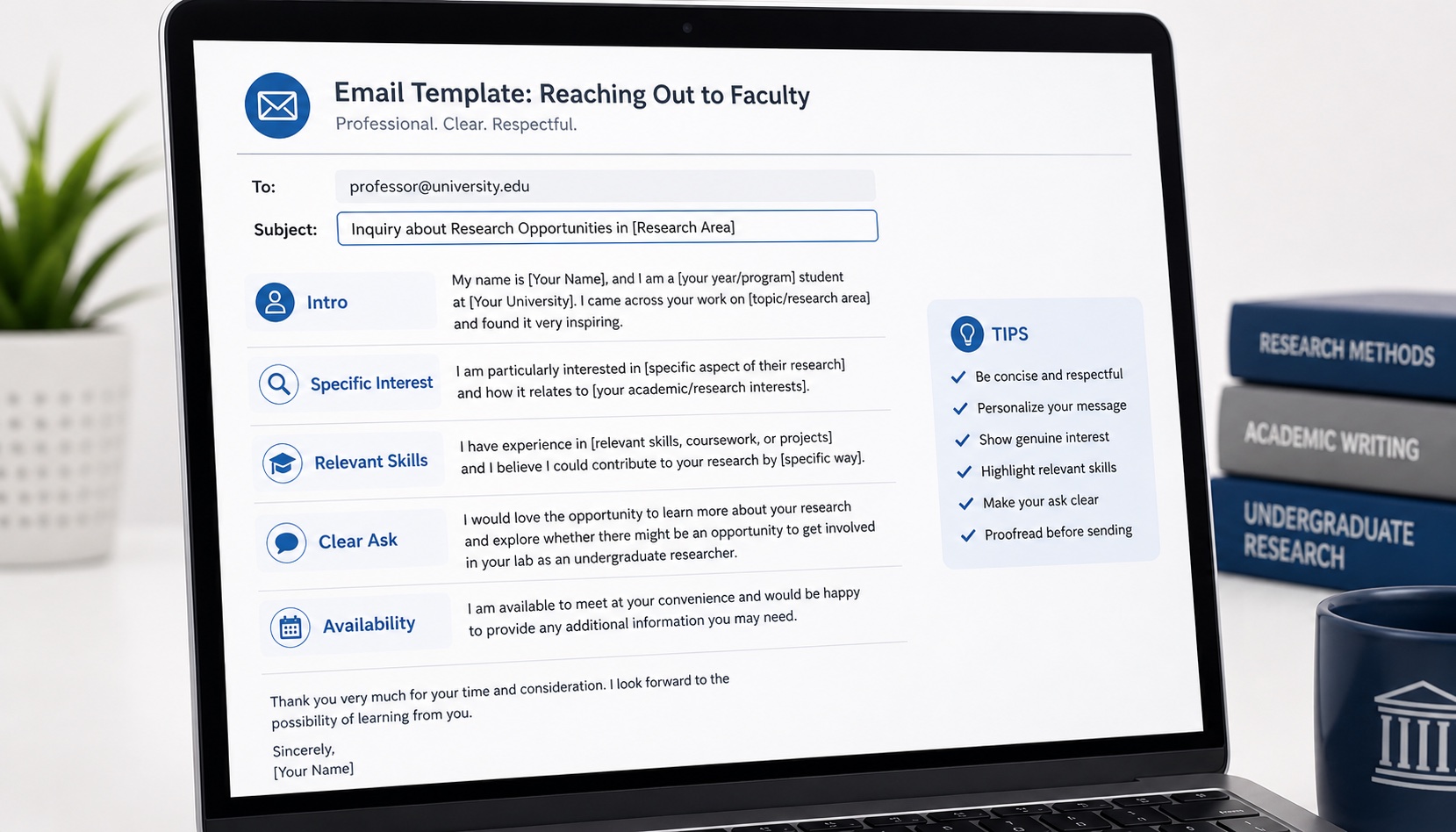 Research cold email template displayed on a laptop