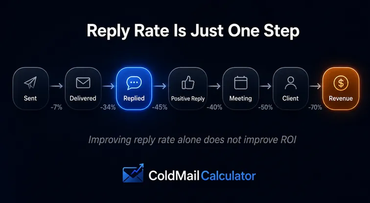 Cold email ROI forecasting guide showing campaign funnel, replies, meetings, clients, and revenue projections