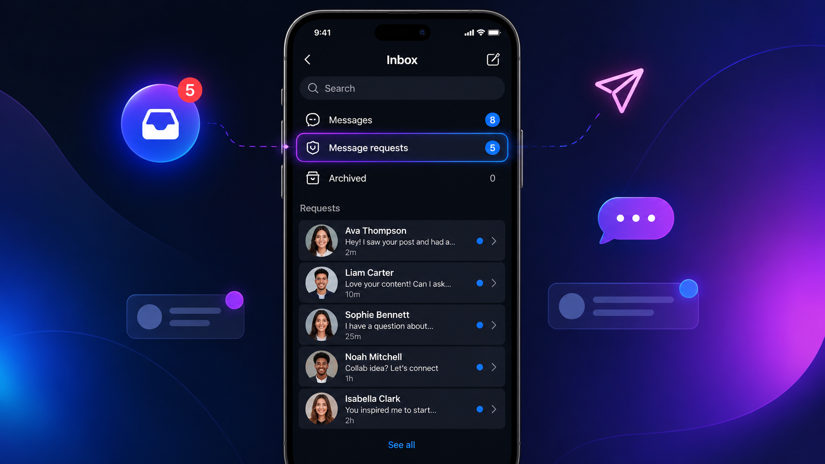 Instagram message requests inbox with cold DM examples and unread outreach replies