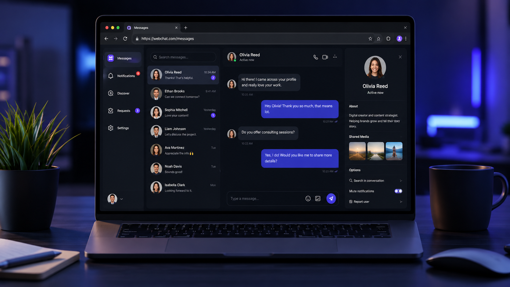Instagram DM conversation on a desktop browser showing professional message replies