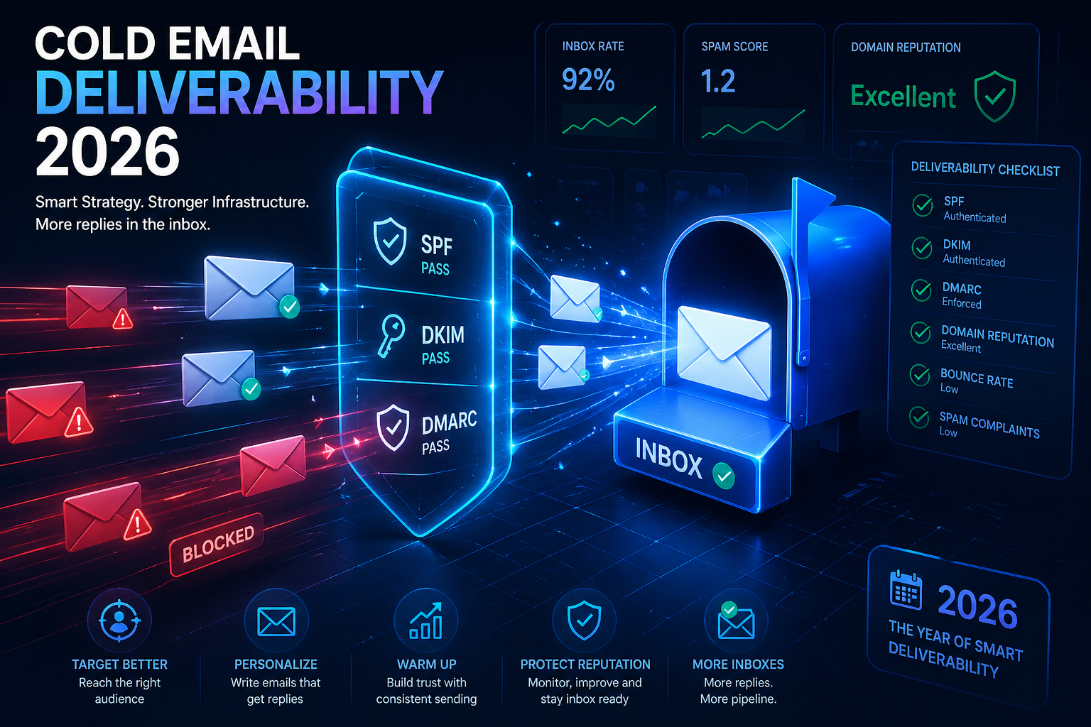 Cold email deliverability 2026 infrastructure overview showing SPF DKIM DMARC authentication flow to inbox